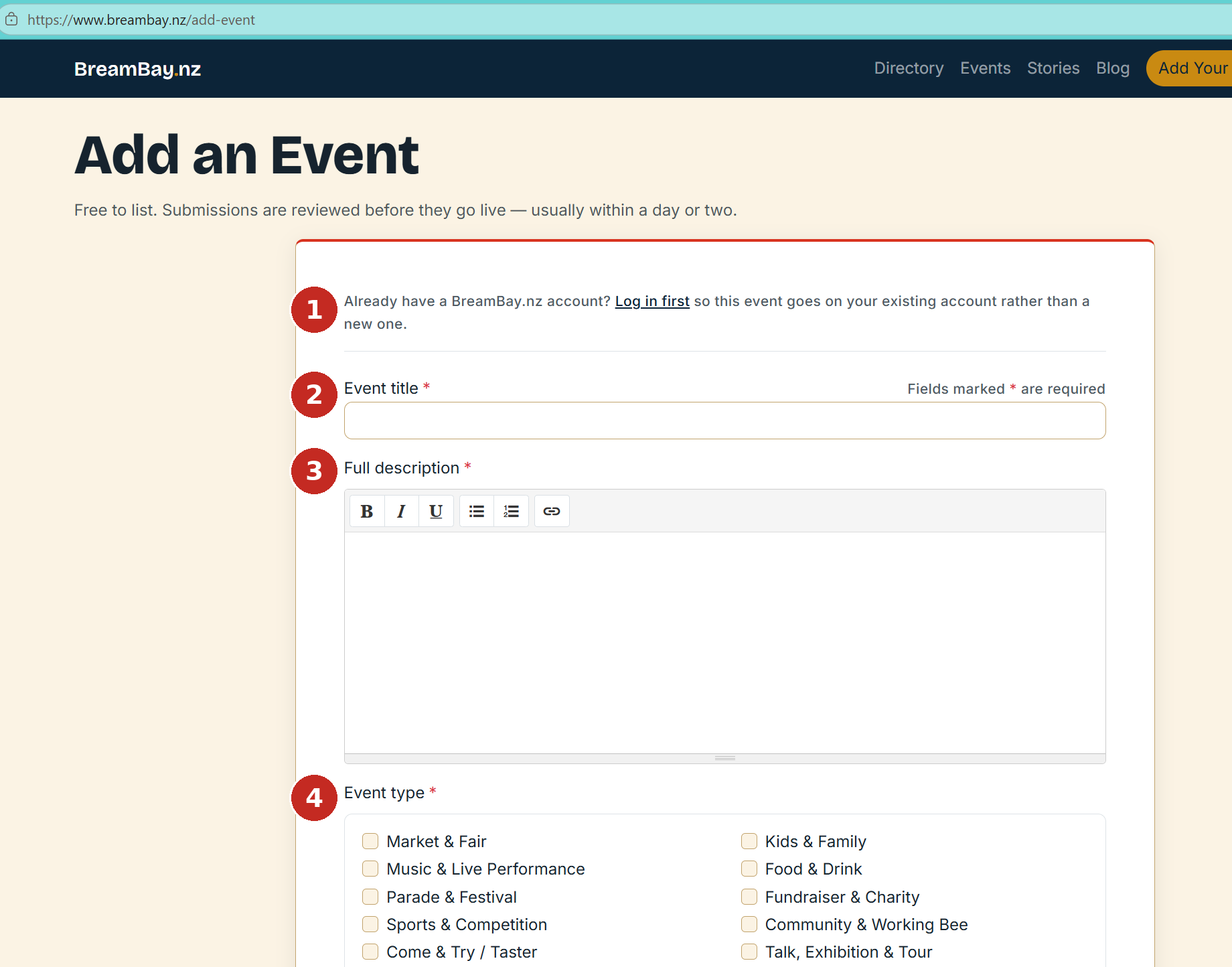 The top of the Add an Event form: log-in prompt, event title, full description and event type checkboxes, with red callouts numbered 1 to 4.