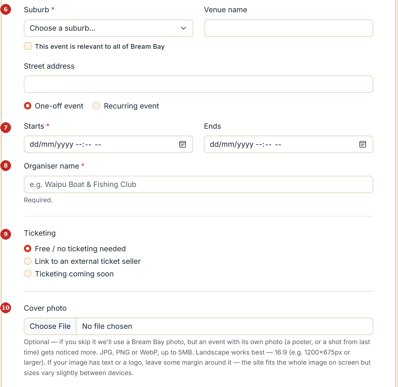 The middle of the form: suburb and venue, dates, organiser name, ticketing and cover photo, with red callouts numbered 6 to 10.
