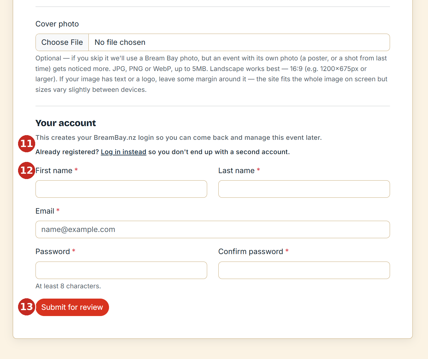 The bottom of the form: the log-in safety-net link, account fields and the Submit for review button, with red callouts numbered 11 to 13.
